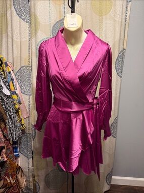 Fate Bold Fuchsia Satin Wrap Dress